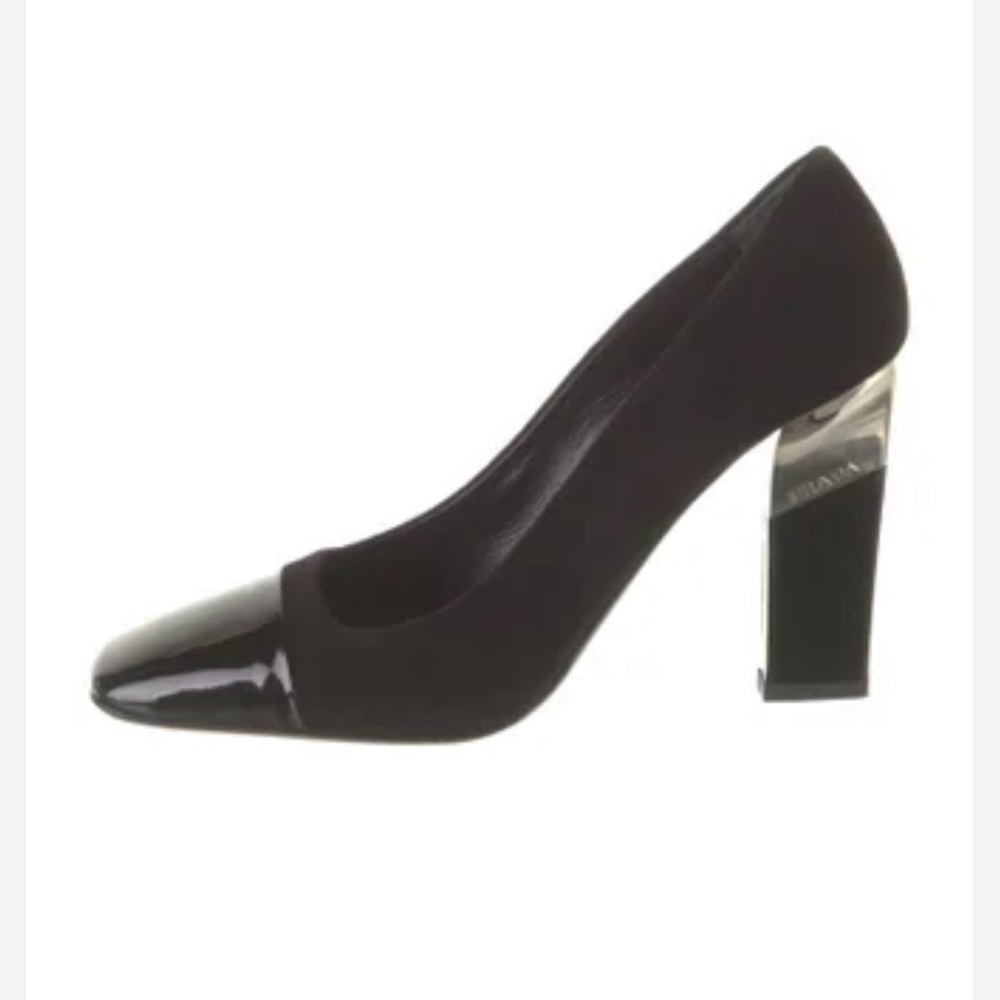 PRADA logo heeled black Suede Pumps SZ 40 (US SZ 10). Never worn. NWOT